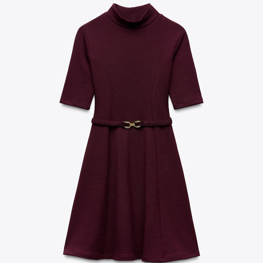 ZARA ELEGANT BURGUNDY STRETCH KNIT SKATER DRESS WITH BELT